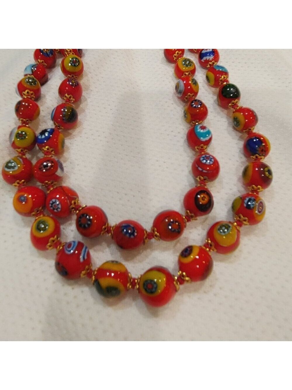 Vintage Murano Millefiori Glass Necklace – Red Beads with Floral Accents - Picture 2 of 6